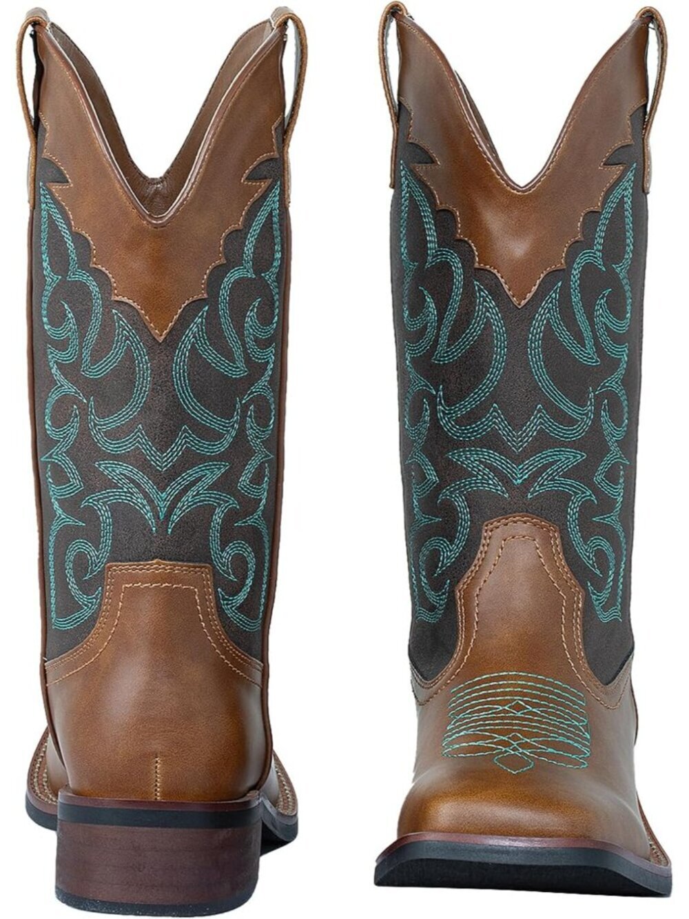 Women's Brown Western Boots Square Toe Mid Wide Calf Cowgirl Boots Chunky Heel - Picture 4 of 6